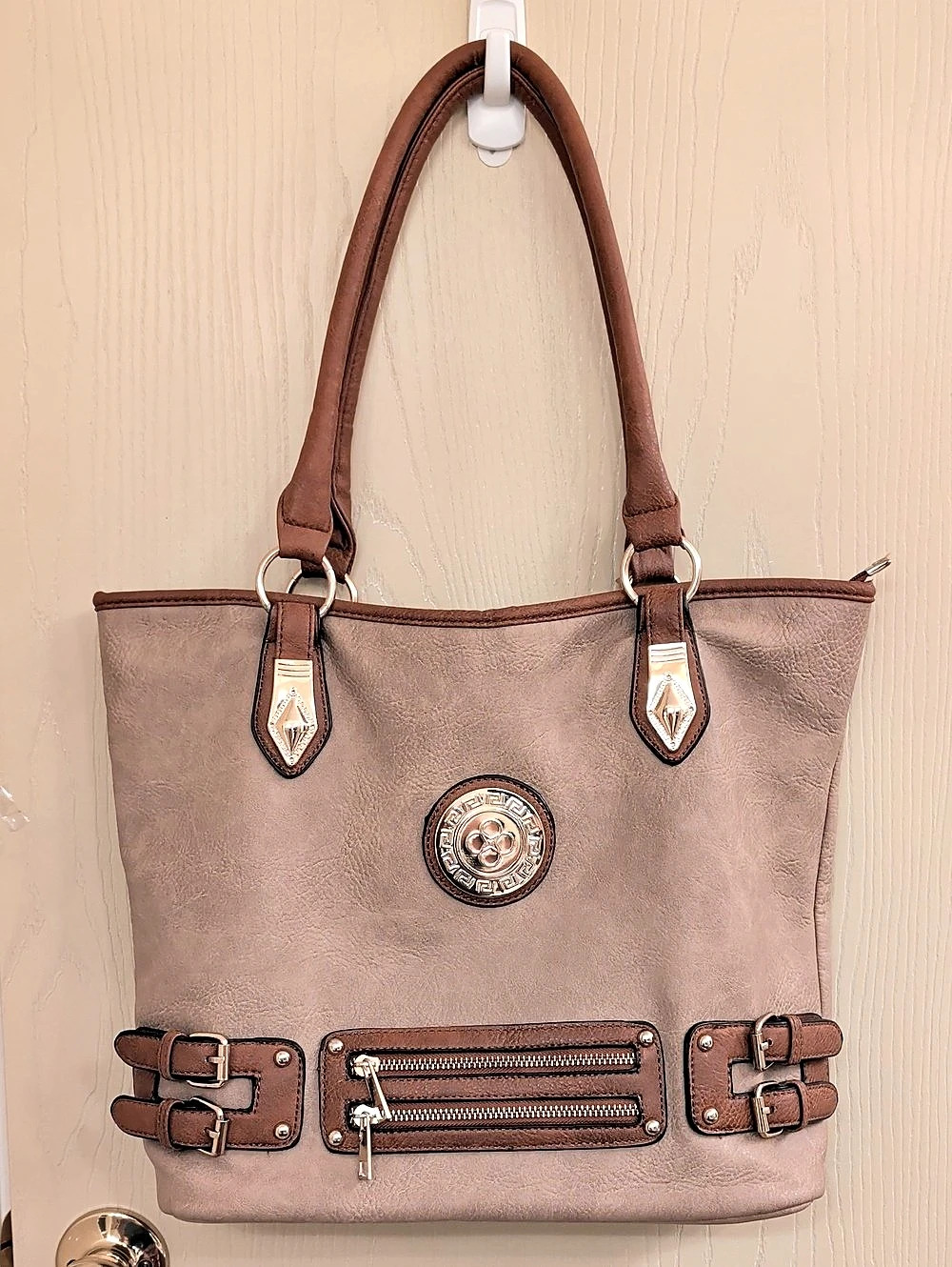 Faux Leather Satchel Tote Bag Beige Brown Trim Gold Tone Hardware